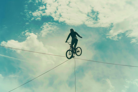 A unicyclist balancing effortlessly on a wire high above the ground --ar 3:2 Job ID: af9bca3e-bf28-4040-beae-c85b8dcbb06aの素材