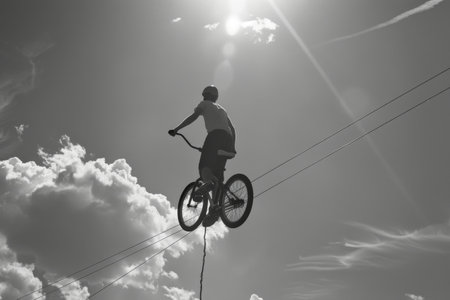 A unicyclist balancing effortlessly on a wire high above the ground --ar 3:2 Job ID: af9bca3e-bf28-4040-beae-c85b8dcbb06aの素材