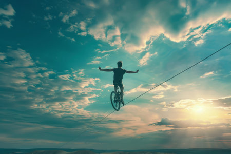A unicyclist balancing effortlessly on a wire high above the ground --ar 3:2 Job ID: 06b6ae14-08c2-4f6d-8345-7266d219bfc1の素材