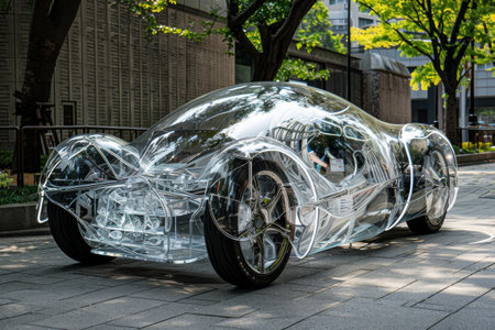 A transparent vehicle utilizing advanced materials for maximum visibility. --ar 3:2 Job ID: d3fb2ab9-cc7c-4fe5-aeb5-718ba1b03640の素材
