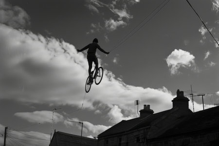 A unicyclist balancing effortlessly on a wire high above the ground --ar 3:2 Job ID: 06b6ae14-08c2-4f6d-8345-7266d219bfc1の素材