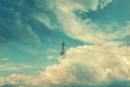 A unicyclist balancing effortlessly on a wire high above the ground --ar 3:2 Job ID: 0c0f00e1-98d9-48e6-8ed6-a205a10b7ff6の素材