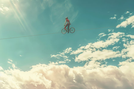 A unicyclist balancing effortlessly on a wire high above the ground --ar 3:2 Job ID: 0c0f00e1-98d9-48e6-8ed6-a205a10b7ff6の素材