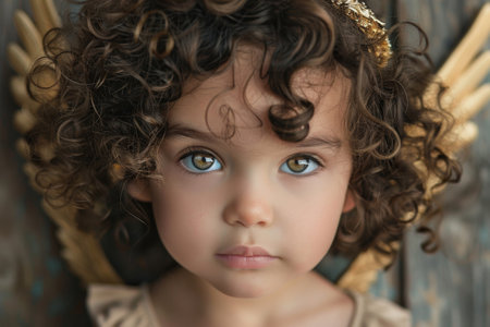 An angelic child with curly hair and a golden halo --ar 3:2 Job ID: 78806a7d-3bf8-4ecc-8bda-f9bb04e45fbaの素材