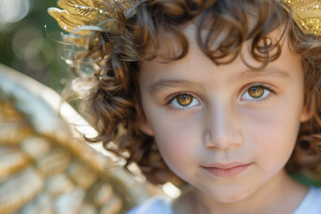 An angelic child with curly hair and a golden halo --ar 3:2 Job ID: 209f1d25-a87a-462a-b554-67b14378c3abの素材