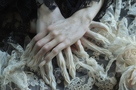 Long, elegant fingers delicately intertwined --ar 3:2 Job ID: 2e669881-9b58-4de6-bddd-e1d788455a7fの素材
