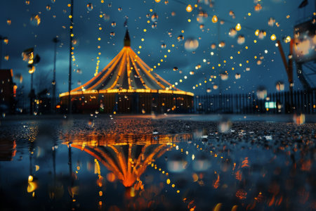 The dazzling lights of the big top tent reflected in a puddle --ar 3:2 Job ID: 473707ac-10f8-4687-9fca-744eefe796b6の素材