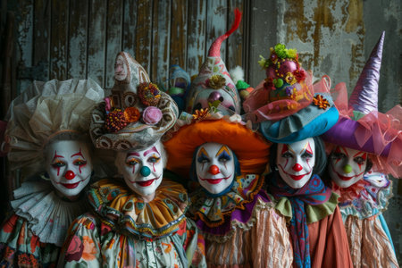 The flamboyant costumes of a group of clowns --ar 3:2 Job ID: 27db6c22-3d4d-4139-877a-48efcf0818c4の素材