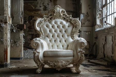 Throne of the King , ornately decorated with gold and jewels, symbolizing power and royalty, Ornamental chair befitting a monarch, AI generatedの素材