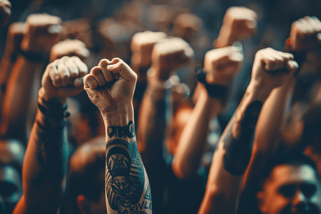Tattooed fans raising their fists in solidarity --ar 3:2 Job ID: 12864866-ddbb-42f4-9a19-2ae7d3339065の素材