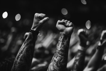 Tattooed fans raising their fists in solidarity --ar 3:2 Job ID: 10dfcace-bb6b-4293-937d-b55eff135d63の素材