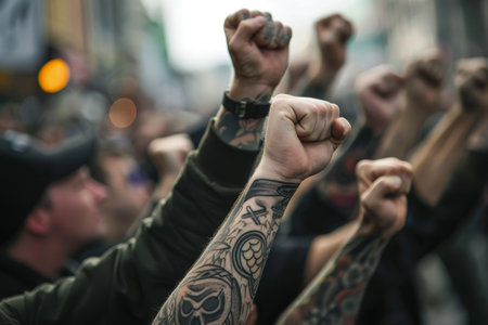 Tattooed fans raising their fists in solidarity --ar 3:2 Job ID: c09f0a5e-ad78-4f58-8f7a-fedce3b35274の素材