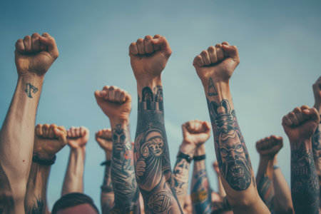 Tattooed fans raising their fists in solidarity --ar 3:2 Job ID: 12864866-ddbb-42f4-9a19-2ae7d3339065の素材