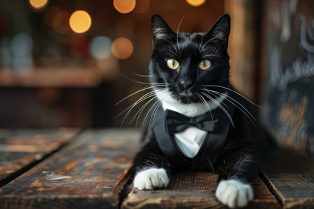 A dapper black and white cat in a tuxedo, exuding an air of elegance and refinement, A dapper tuxedo cat posing for a portrait, AI generatedの素材