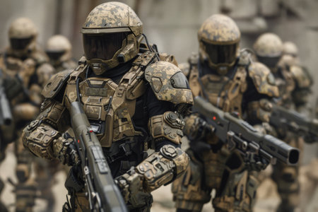 A diverse assembly of robots navigating a street, illustrating their intricate designs and synchronized movement, A group of bio-engineered soldiers with enhanced strength and agility, AI generatedの素材