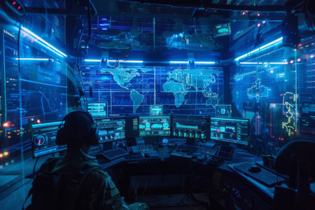 A conceptual image illustrating the evolution of cybersecurity, featuring digital locks and protective measures in a modern setting. A holographic command center coordinating military operations, AI generatedの素材