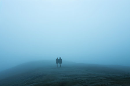 Looming silhouettes in the foggy distance AI generatedの素材