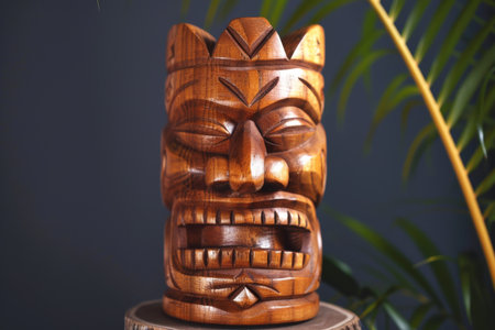 A tiki mask made from polished wood in solid color background, AI generatedの素材