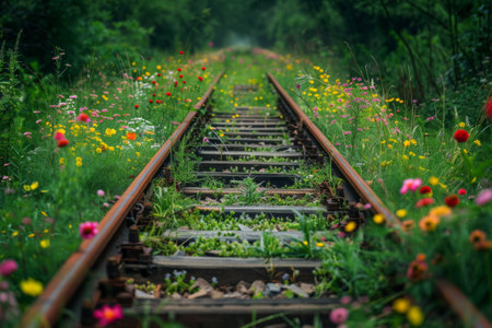 Abandoned train tracks overgrown with wildflowers, AI generatedの素材
