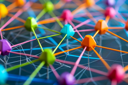 Geometric shapes of various colors forming a network diagram. --ar 3:2 Job ID: 95c4d740-bca2-4b04-b036-636eac5f93cfの素材