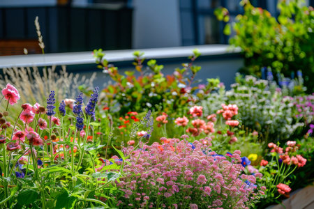 Rooftop garden with blooming flowers --ar 3:2 Job ID: 6cce001d-e66b-4dd5-924f-9de9551d3347の素材