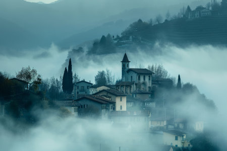 The gentle sound of fog settling over a quiet town --ar 3:2 Job ID: ae616a3b-d945-431f-ad8f-10d7be0b44dbの素材