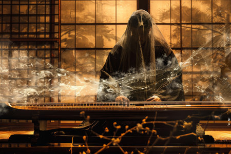 A haunting koto played by a ghostly figure AI generatedの素材