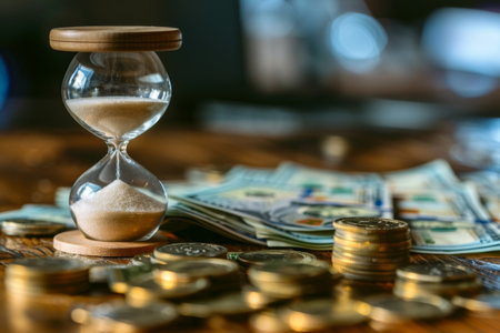 An hourglass filled with sand sits on a wooden table, accompanied by stacks of coins and spread-out banknotes, illustrating the relationship between time and money.の素材