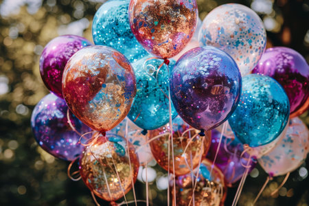 A vibrant cluster of balloons glistens with confetti under the sunlight, adding a joyful touch to an outdoor celebration filled with laughter and happiness.の素材