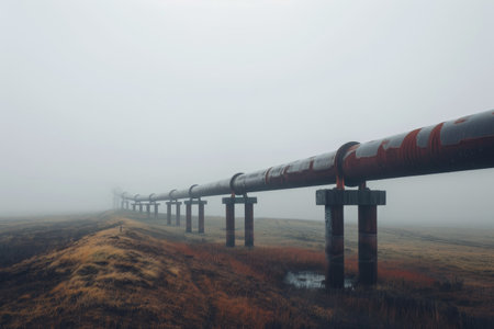 A lengthy industrial pipeline stretches across a misty terrain, standing on elevated supports as fog envelops the surrounding fields during dawn.の素材