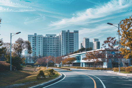 A winding road leads through a serene urban landscape featuring contemporary buildings and colorful autumn trees under a bright blue sky.の素材