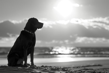 A loyal dog sits by the water's edge, soaking in the tranquil atmosphere as waves gently lap at the shore during a stunning sunset.の素材