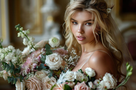 A beautiful bride with flowing hair gently cradles an exquisite bouquet adorned with various pastel blooms in a lavish indoor location.の素材