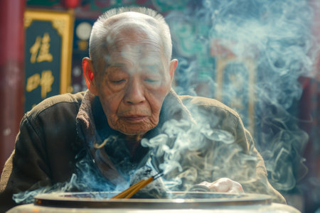 An elderly man sits quietly, focused on the swirling incense smoke rising from a large burner, immersed in a significant spiritual ritual at a tranquil temple.の素材