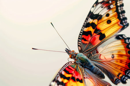 The close-up reveals intricate details of a butterfly showcasing vibrant orange wings with black markings, resting calmly against a light backdrop.の素材