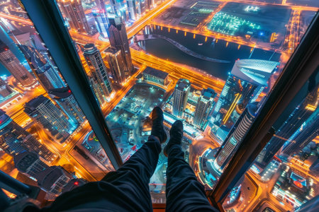 A breathtaking night view from a high-rise in Dubai, showcasing vibrant city lights and sprawling streets below, while a person's feet dangle in the foreground.の素材