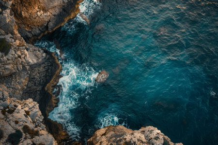 Waves gently crash against rugged cliffs as the sun sets, casting warm hues over the serene coastal landscape, creating a peaceful ambiance.の素材