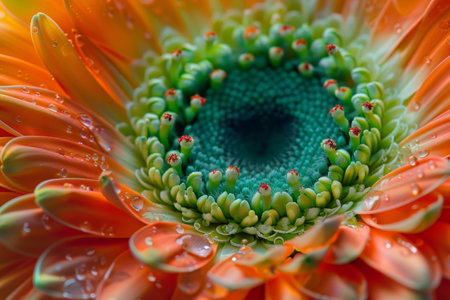 Bright orange petals unfold around a central green core, adorned with glistening raindrops, creating a stunning natural display in the garden at sunrise.の素材