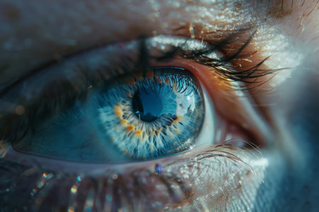 This close-up view displays a striking blue eye with vibrant patterns and reflections, highlighting the intricate details and colors unique to the human iris.の素材
