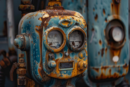 The close-up reveals an aged, rust-covered industrial gauge with fading dials, showcasing the effects of time and neglect at a factory setting illuminated by the afternoon light.の素材