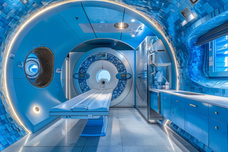 This state-of-the-art imaging room showcases a futuristic MRI machine surrounded by calming blue decor, designed for patient comfort during scans.の素材