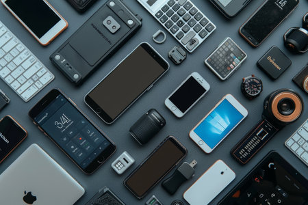 A diverse assortment of electronic devices, including smartphones, calculators, and keyboards, laid out in an organized manner on a surface illuminated by natural light.の素材