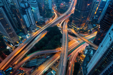 An aerial perspective reveals busy roadways crisscrossing beneath city lights, showcasing a dynamic urban environment filled with tall buildings at night.の素材