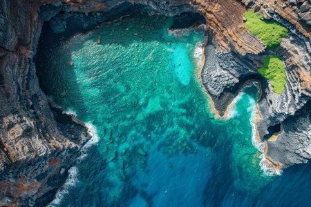 This striking aerial perspective showcases crystal-clear turquoise waters gently lapping against dramatic rocky cliffs adorned with vibrant greenery under clear skies.の素材
