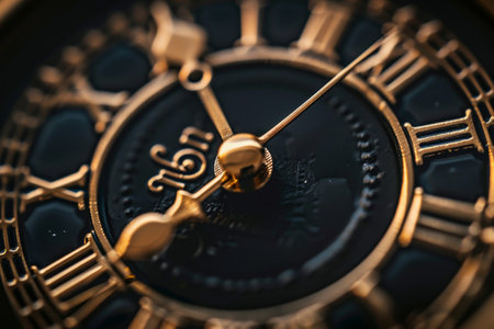 A detailed view showcases a vintage clock face with ornate gold details and Roman numerals, emphasizing the elegance of timekeeping craftsmanship and design.の素材