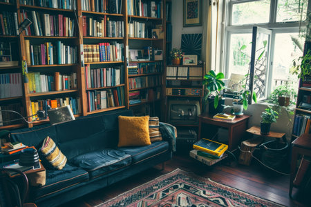 A cozy space filled with books on shelves, an inviting sofa with decorative cushions, and potted plants by the window, creating a warm atmosphere for reading and relaxation.の素材