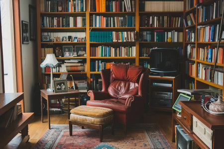 A warm and inviting home library features a red leather armchair accompanied by an ottoman, surrounded by shelves full of books and personal mementos.の素材