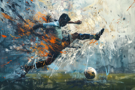 A skilled athlete launches a powerful kick toward a soccer ball, surrounded by a blend of bright colors and textures representing the thrilling atmosphere of the game.の素材