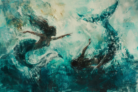 Two beautiful mermaids swim in colorful, swirling waters, reaching toward each other with outstretched arms, creating a magical atmosphere under the warm light.の素材