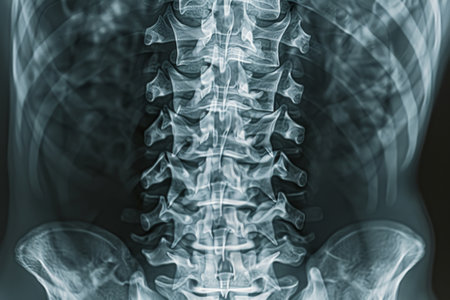 Detailed view of a human spine captured during a medical examination, highlighting the alignment and structure of the vertebrae and surrounding areas.の素材